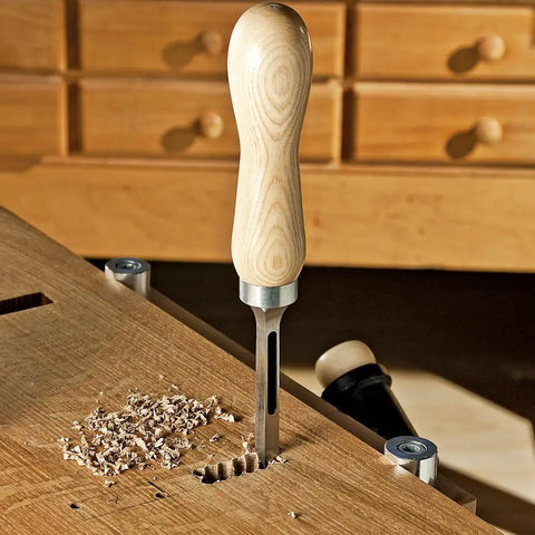 Solid Ash Mortise Chisel Handle With Pro Grade Easy Grip For Woodworking, 6.5 Inch Length, Fits 5/8 Inch Chisels on workbench