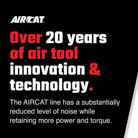 Graphic showcasing AIRCAT's 20 years of air tool innovation and technology with emphasis on reduced noise and improved power.