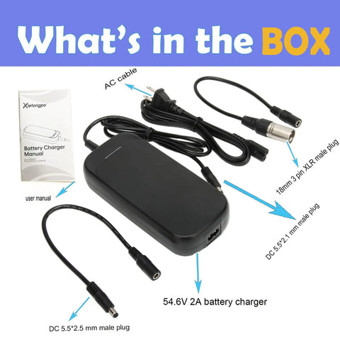 54.6V 2A Lithium Battery Charger For 48V 13S Ebike Pedicab Bicycle With DC 5.5mm Plug To 3 Pin Male XLR Connector In Box