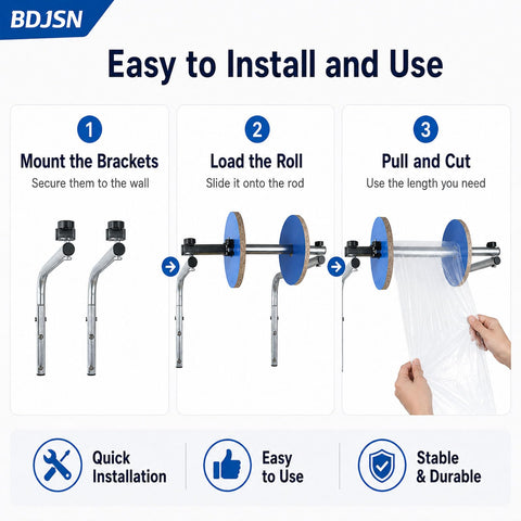 No Sweat Wall Mounted Foam Wrap Dispenser With Smooth Rolling Galvanized Steel Bubble Cushion Holder showing installation steps.