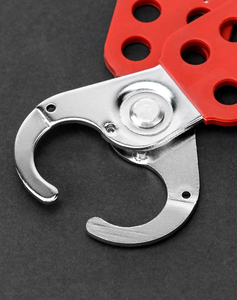 Lockout Tagout Hasp Kit, 12 Pack Tamper-Proof Stainless Steel Padlock Hasp with extended jaw in red and silver metal.
