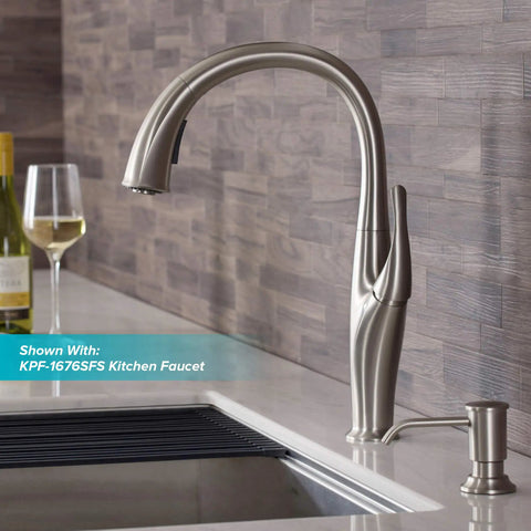 Spot free stainless steel Multi Purpose Kitchen Soap And Lotion Dispenser with self priming pump beside modern faucet