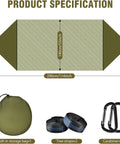 Dimensions and accessories of Mosquito Net Camping Hammock With Lightweight Parachute Nylon, setup tools and components displayed.