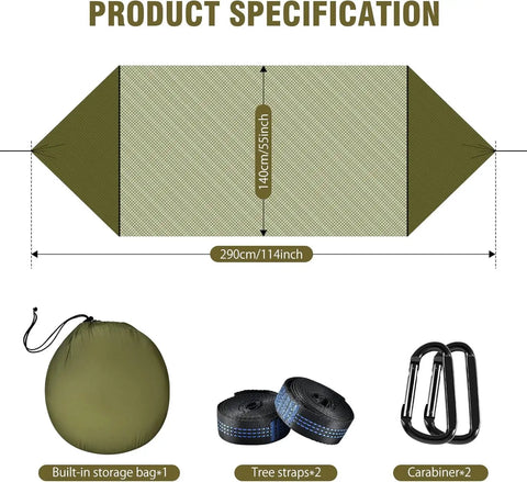 Dimensions and accessories of Mosquito Net Camping Hammock With Lightweight Parachute Nylon, setup tools and components displayed.