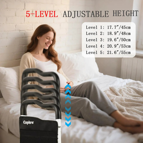Extra Wide 16 Inch Bed Rail For Seniors, 350 Lb Capacity, adjustable height settings shown next to person on bed