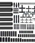 Solid 120 Pc Universal Auto Vacuum Line Kit With 5 Ft Hoses In All Sizes Plus 64 Connectors And Caps For Pro DIY Car Repairs And Quick Fixes, black silicone tubes and fittings laid out
