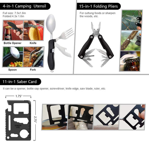 Emergency survival kit, black, 151 pcs; front collage shows 4-in-1 camping utensil, 15-in-1 pliers, saber card.