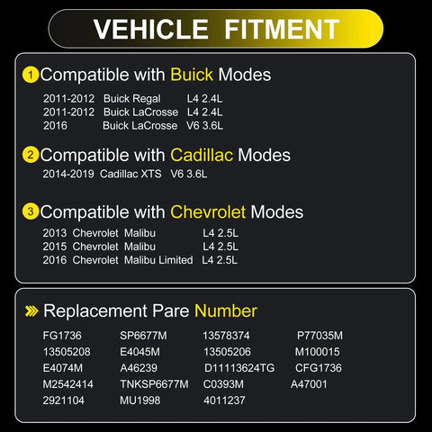 Vehicle fitment chart showing compatibility of Electric Fuel Pump Module Assembly Drop-In Replacement For Chevrolet Malibu 2013 2014 2015 Malibu Limited 2016 Cadillac XTS 2014 2019 Buick Regal 2011 2012 LaCrosse 2011 2012 2016 with Buick, Cadillac, and Chevrolet models.