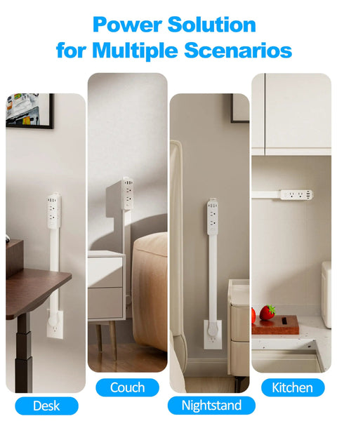 Smooth Gliding Power Strip Extender With Six Standard Outlets And Four Fast Charge Usb Ports shown in desk, couch, nightstand, and kitchen settings.