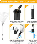 Installation steps for telescoping roof and yard rake showing adjustment and locking mechanism, includes rubber sleeve application
