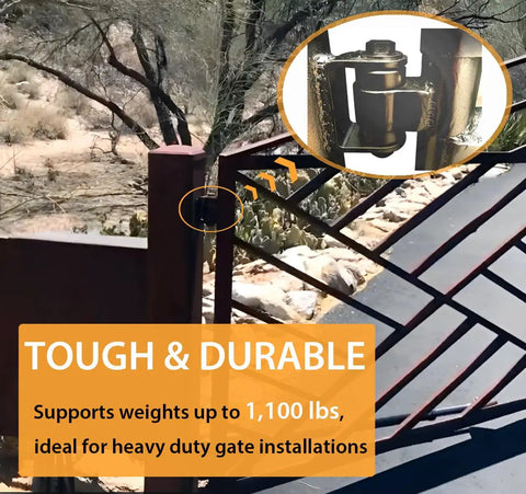 Heavy Duty Weld On Gate Hinges 4 Pack installed on a heavy gate, supporting 1100 lbs for driveway security with sealed bearings.