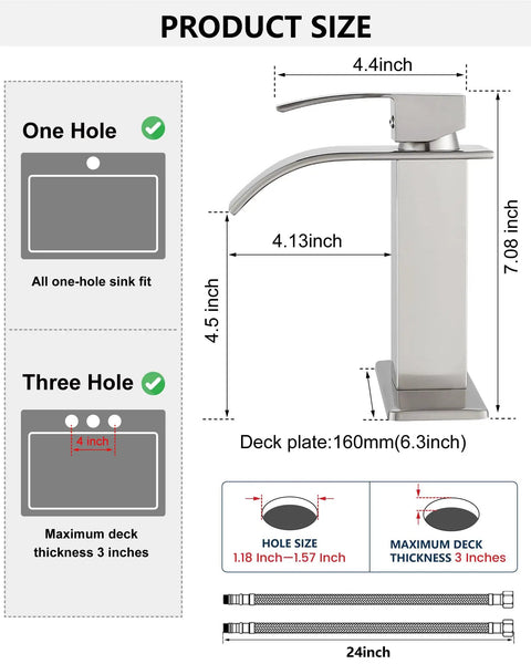 Waterfall Spout Bathroom Faucet With Single Handle 1 Hole Mount Modern RV Lavatory Vanity Basin Tap Brushed Nickel Finish Includes Water Hose Short Body No Drain product size diagram showing faucet dimensions and hole compatibility.
