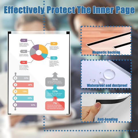 12 Pack Magnetic Sign Holders 8.5 X 11 Inches Rigid Clear Sheet Protectors Fridge Ready with infographic and features