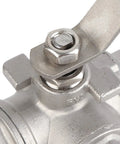Close-up of 304 Stainless Steel Three Way Ball Valve One Half Inch Female Thread showing sturdy lever and nut detail.