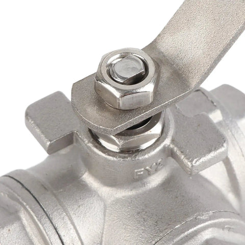 Close-up of 304 Stainless Steel Three Way Ball Valve One Half Inch Female Thread showing sturdy lever and nut detail.