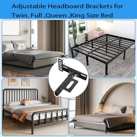 Game Changing Adjustable Headboard Brackets For Metal Bed Frame With Footboard Extension Kit shown on twin, full, queen, king size beds in matte black