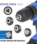 Close-up of 21V Cordless Drill Kit With 350 In-Lb Torque And 0-1350 RPM Variable Speed, showing 10mm keyless chuck detail