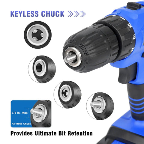 Close-up of 21V Cordless Drill Kit With 350 In-Lb Torque And 0-1350 RPM Variable Speed, showing 10mm keyless chuck detail