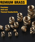 Premium brass heat set threaded inserts for plastic, various sizes, part of the 300 Pcs Threaded Inserts Kit For Plastic And 3D Printing.