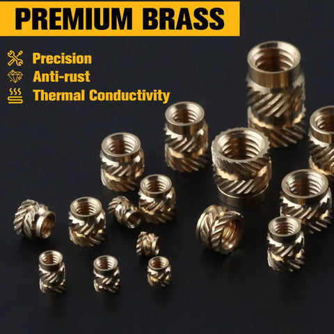 Premium brass heat set threaded inserts for plastic, various sizes, part of the 300 Pcs Threaded Inserts Kit For Plastic And 3D Printing.