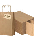 50 Pack Go-To Brown Kraft Paper Bags With Handles 8x4.25x10.5 Inches Heavy-Duty Gift Bags stacked with one upright