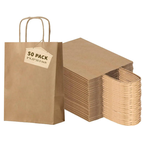50 Pack Go-To Brown Kraft Paper Bags With Handles 8x4.25x10.5 Inches Heavy-Duty Gift Bags stacked with one upright