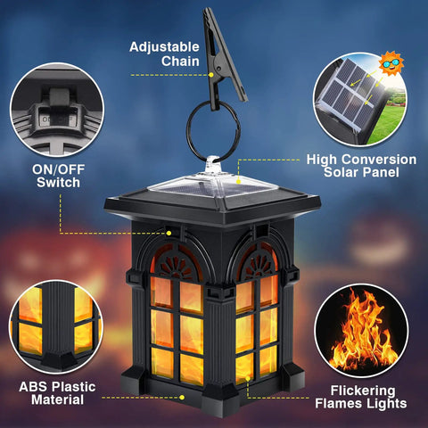 Solar Hanging Lantern With Flickering Flame, IP65 Waterproof Outdoor Garden Lights highlighting solar panel and ABS material