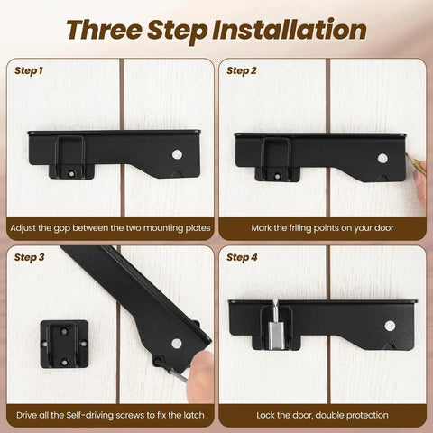 Installation guide showing four steps to secure Heavy Duty Flip Gate Latch Crafted From Reliable Carbon Steel For Barns And Wood Fences.