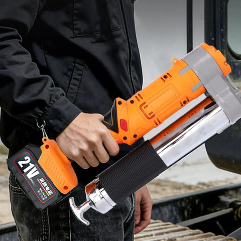 Cordless Electric Grease Gun With 2 In 1 Rotating Handle for high pressure lubrication held by a person, 21V power