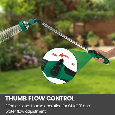 Long Reach 24 Inch Watering Wand With Pro Grade Thumb Control Nozzle showcasing thumb flow control feature in a garden setting