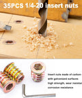 Woodworking Gear Kit With 35 1/4-20 Threaded Inserts and drill bit showing operation and features for furniture repair.