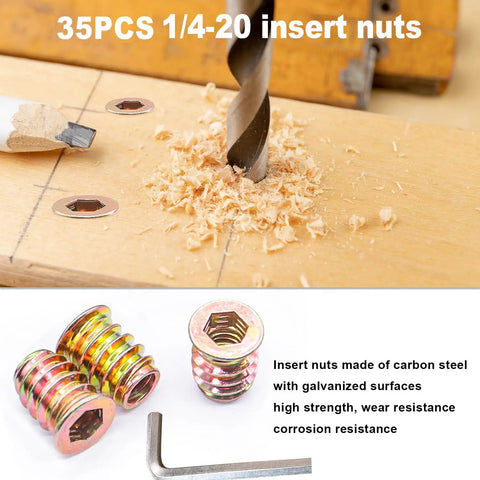 Woodworking Gear Kit With 35 1/4-20 Threaded Inserts and drill bit showing operation and features for furniture repair.