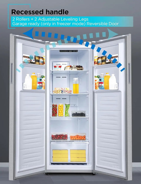 11 Cubic Foot Heavy Duty Workhorse Convertible Freezer And Refrigerator Standup Fridge With Glass Shelves And Reversible Door displayed with food items.
