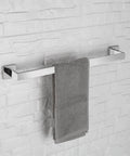 Square Polished Chrome Bathroom Accessories Set, 24-Inch Wall Mounted Towel Bar Kit With Hand Towel Bar, Toilet Paper Holder, And 2 Robe Hooks, 5-Piece Premium SUS304 Stainless Steel Hardware for a Sleek Modern Upgrade showing the 24-inch towel bar on tiled wall with towel