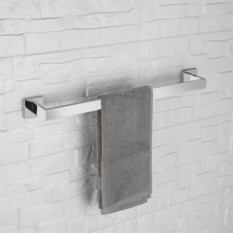 Square Polished Chrome Bathroom Accessories Set, 24-Inch Wall Mounted Towel Bar Kit With Hand Towel Bar, Toilet Paper Holder, And 2 Robe Hooks, 5-Piece Premium SUS304 Stainless Steel Hardware for a Sleek Modern Upgrade showing the 24-inch towel bar on tiled wall with towel