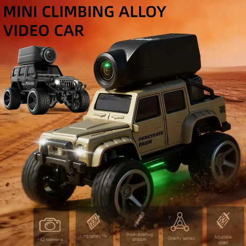 One Sixty Four Scale 4WD Alloy Mini RC Crawler With FPV Camera, LED lights, on desert terrain