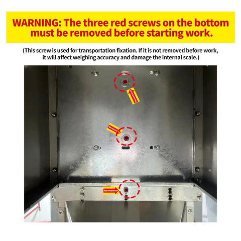 Auto Powder Filling Machine With Smart Scale Dispenser showing red screws inside for handling, emphasizing importance for setup.