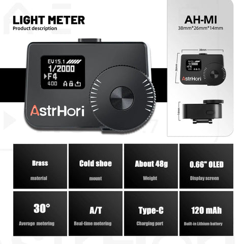 Light Meter With OLED Display And Cold Shoe Mount For Cameras Dial In ISO Aperture And Shutter Speed Ultra Lightweight Bronze Plate At 59g Fits Vintage Leicas And Rangefinder Film Cameras Great For Analog Shoots, front view