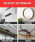 Boss Level Heavy Duty Drywall Anchors And Universal Plasterboard Fixings Rock Solid Wall Mount Hardware Kit displaying AC unit, mirror, projector, and shelf setups.