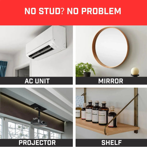 Boss Level Heavy Duty Drywall Anchors And Universal Plasterboard Fixings Rock Solid Wall Mount Hardware Kit displaying AC unit, mirror, projector, and shelf setups.