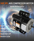 3 HP SPL Air Compressor Motor 56 Frame 3450 RPM Single Phase 60 Hz Five Eighths Shaft 115 230V Not Standard 3 HP Motors