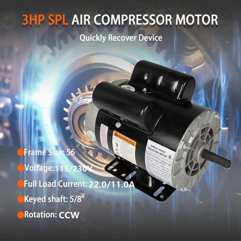 3 HP SPL Air Compressor Motor 56 Frame 3450 RPM Single Phase 60 Hz Five Eighths Shaft 115 230V Not Standard 3 HP Motors