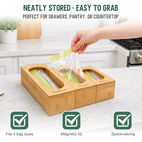 Premium Bamboo Kitchen Drawer Organizer With Five Slots For Snack Quart And Gallon Bags Plus Foil And Wrap Holder To Keep Your Drawers Totally Clutter Free And Ready To Go