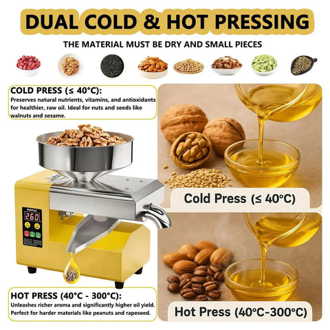 Commercial Grade Cold Press Electric Oil Extraction Machine With 1500W Motor And Quiet Design Yielding Five To Nine Kilograms Per Hour For Olive Peanut Coconut Sesame And Almond Nuts Great For Home Use with walnuts and oil.