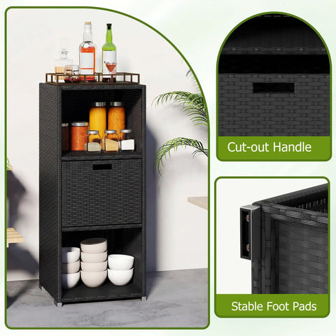 Black outdoor PE rattan storage cabinet with shelves and drawer, featuring stable foot pads and a cut-out handle.