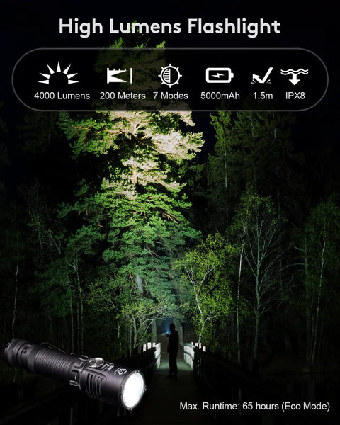 S23 Search Flashlight 4000 Lumen Long Throw Hella Bright With 5000mAh Rechargeable Battery IPX8 Waterproof EDC Tactical Light beam on trees