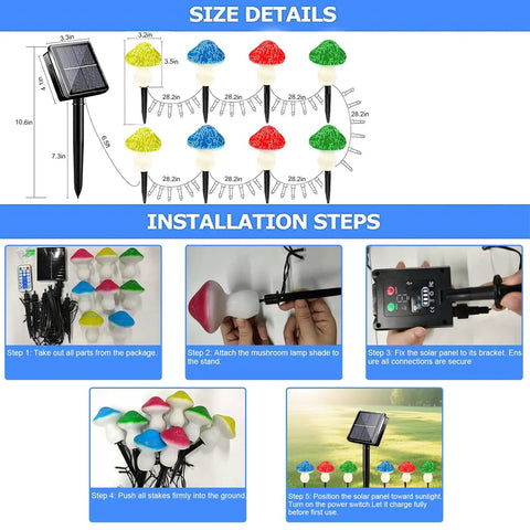 Warm White Mini Solar Mushroom Lights For Outdoor Garden Pathway Waterproof Flexible Copper Wire String Lights size details