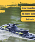 High Speed Turbo RC Jet Boat With Dual Batteries, 2.4GHz Remote, cruising on a lake with safety features highlighted