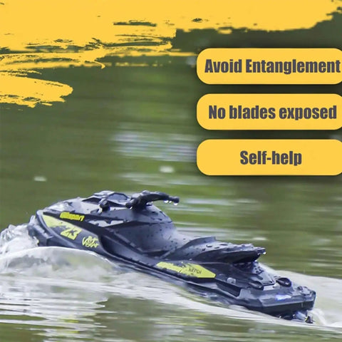 High Speed Turbo RC Jet Boat With Dual Batteries, 2.4GHz Remote, cruising on a lake with safety features highlighted