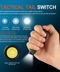 Hand holding Rechargeable AA Pocket Flashlight With Clip, Tiny But Mighty EDC Light, showcasing three light output levels.